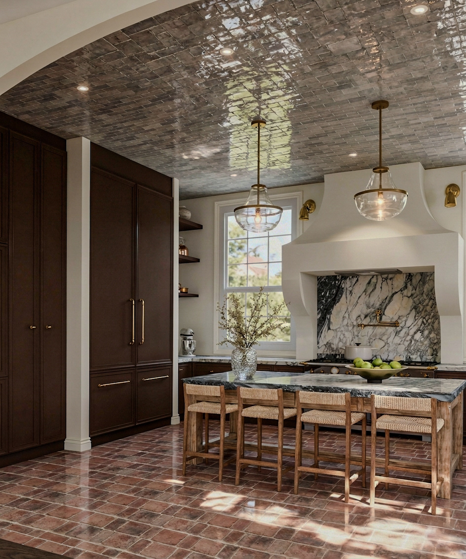 Kitchen with dark cabinets, marble fireplace, window with sunlight, wooden table with chairs, and decorative ceiling light.