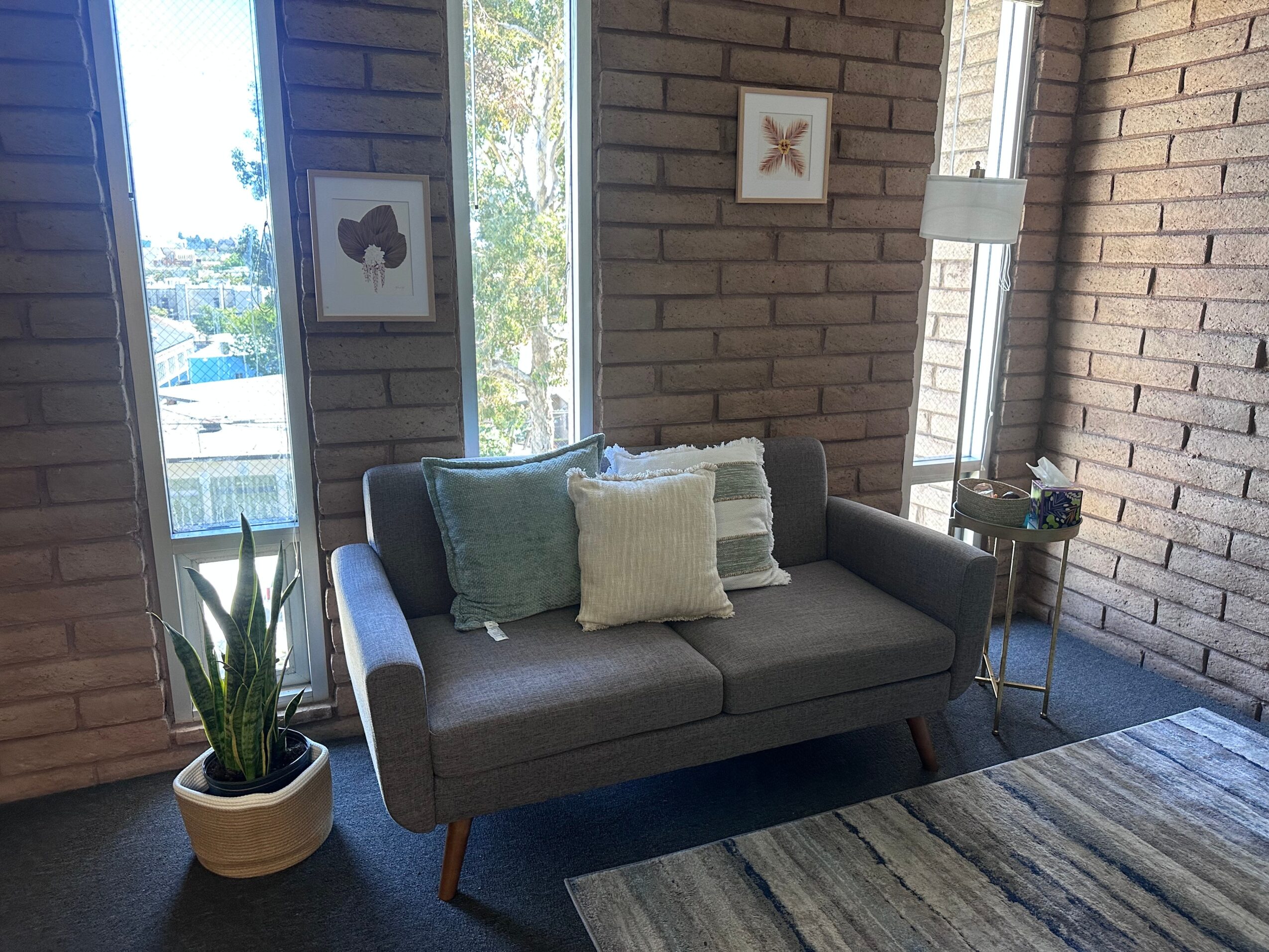 Gray sofa with pillows in front of brick wall and windows, with a plant on a side table, in a cozy room.