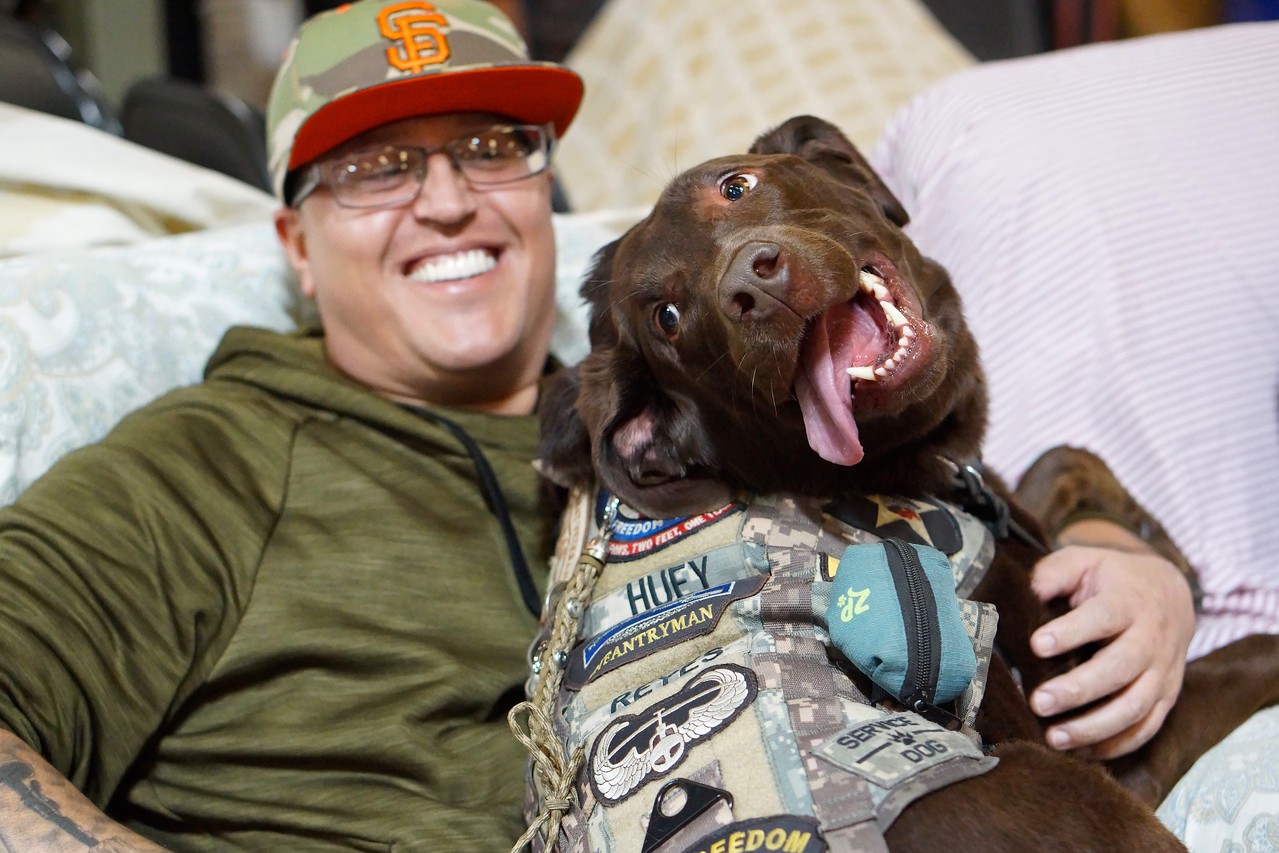 Person wearing glasses and a green hoodie sitting with a brown dog wearing a patterned harness, both smiling and looking at the camera.