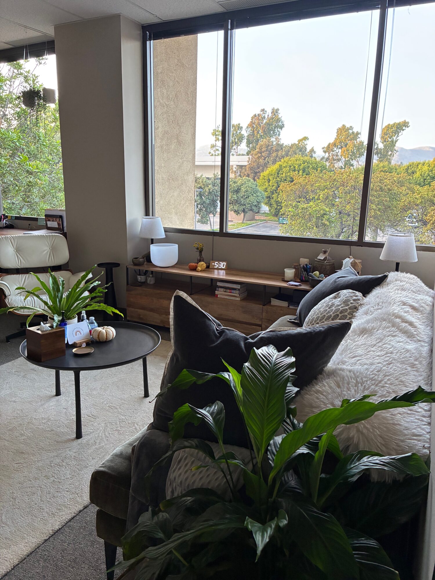 Living room with large window, sofa, plants, and side table with lamp, decorated with plants and decorative items.