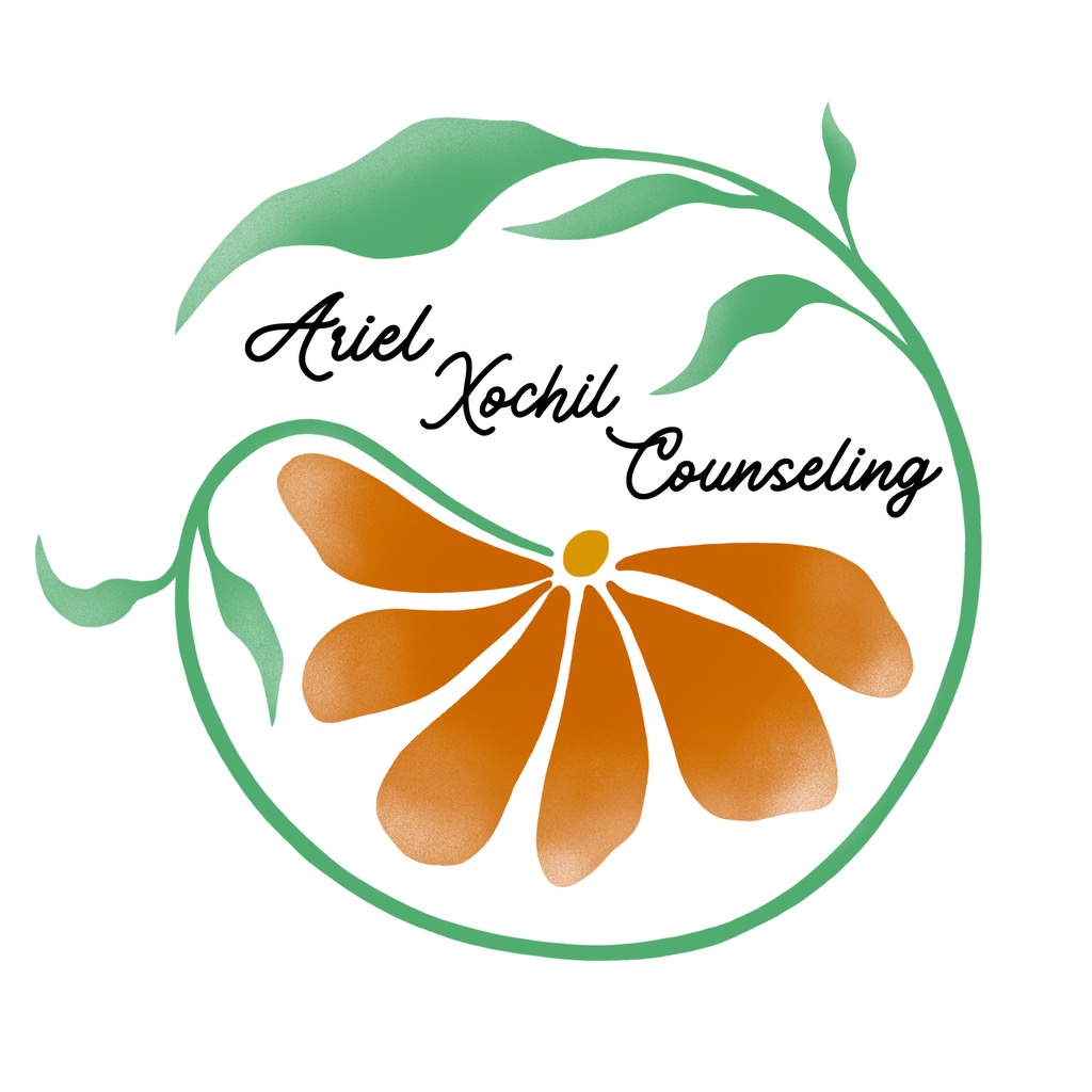 Logo with green leaves, orange flower, and text 'Ariel Xochil Counseling' in black script.