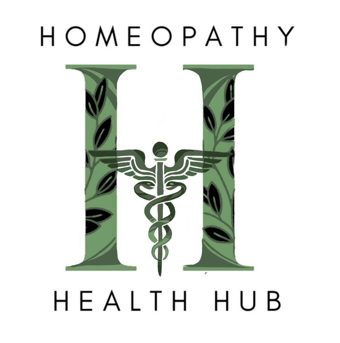 Logo with large green letter H, black leaf patterns, caduceus symbol, and text 'Homeopathy Health Hub' above and below, 20 words.