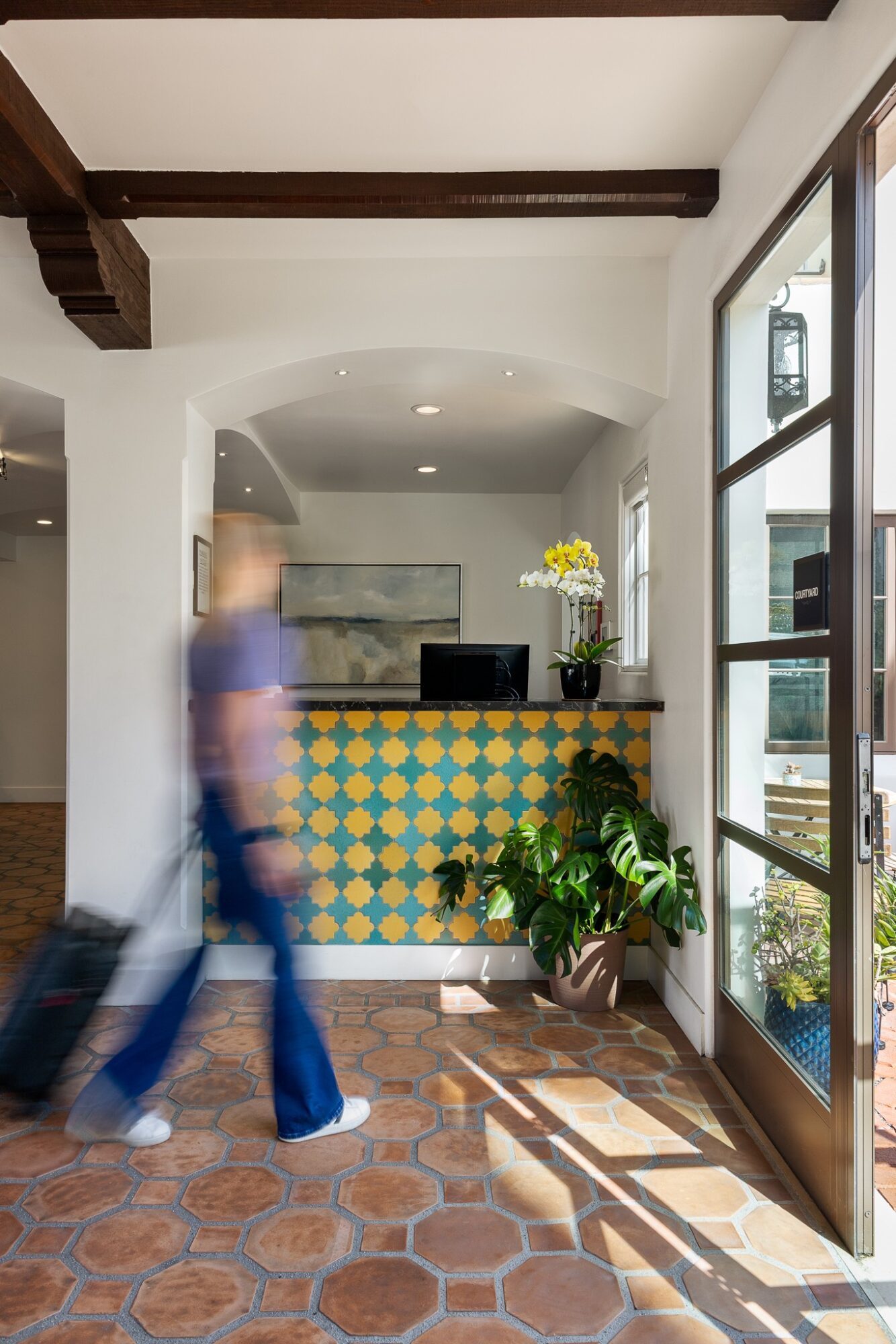 Reception area with a patterned counter, potted plant, and a window letting in sunlight, with a blurred person walking by.