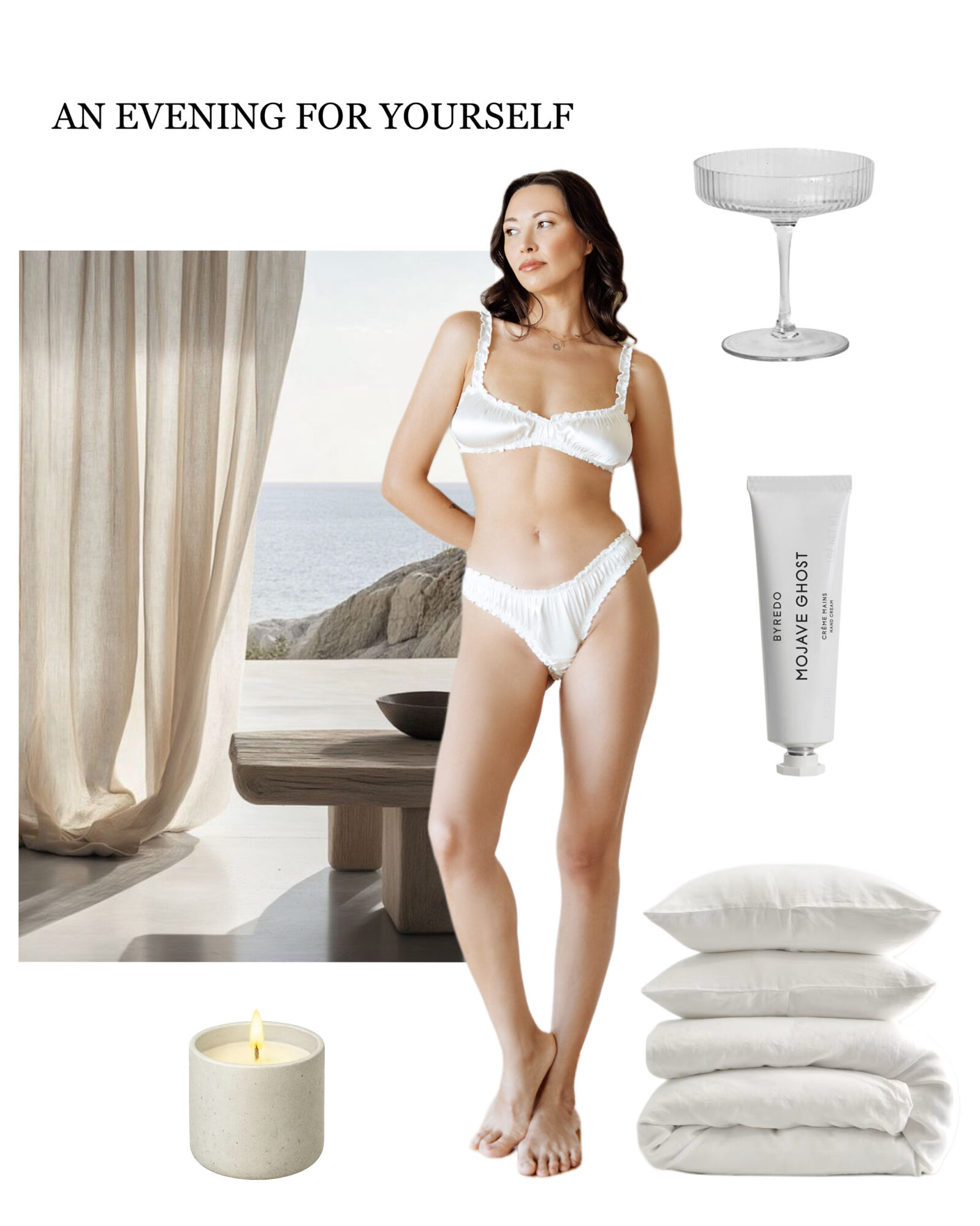 Woman in white lingerie standing near window with sea view, surrounded by candles, pillows, and skincare products.