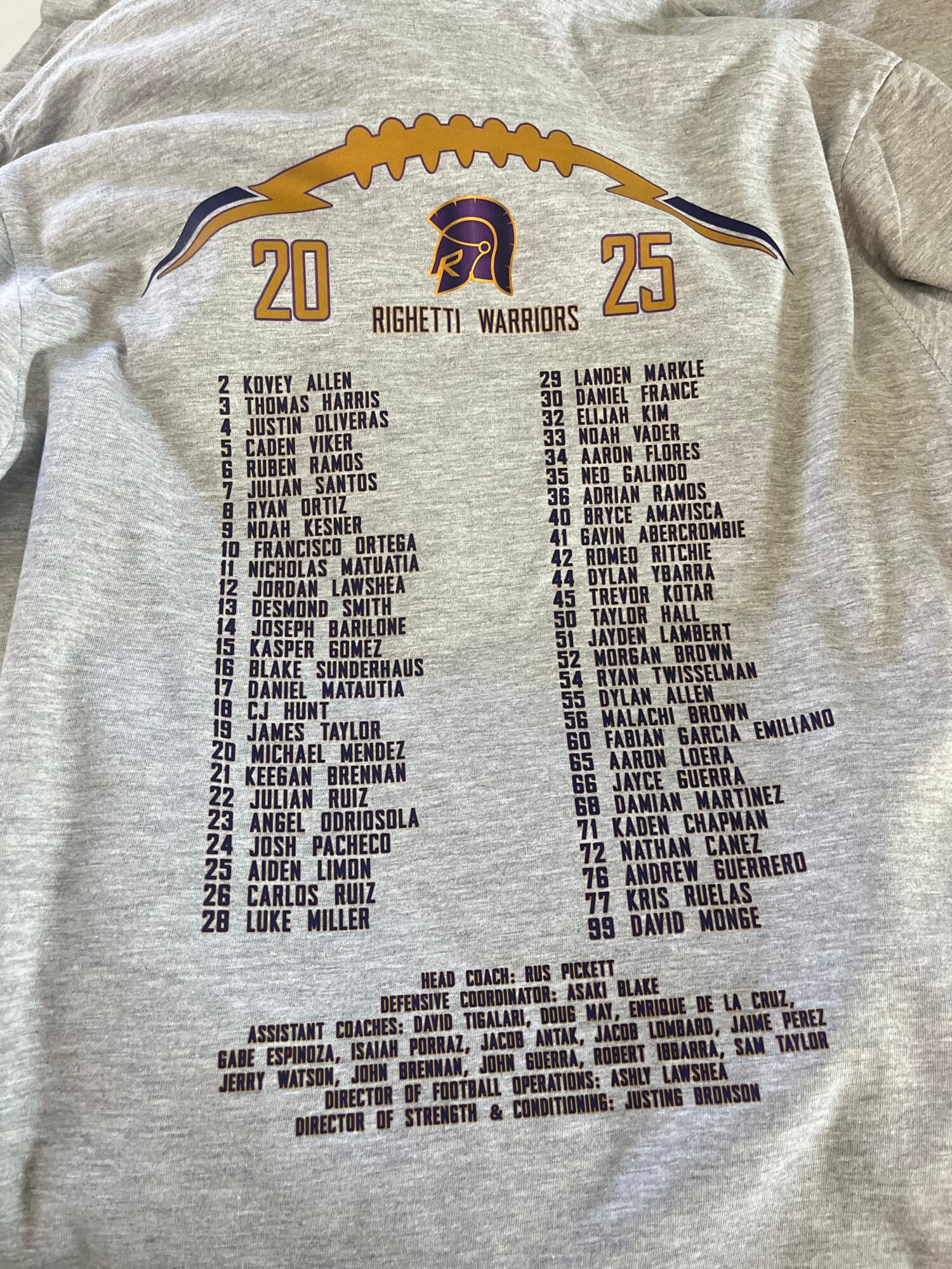 Riddell Warriors football team roster with player names and numbers, team logo, and game details, on a gray fabric background.