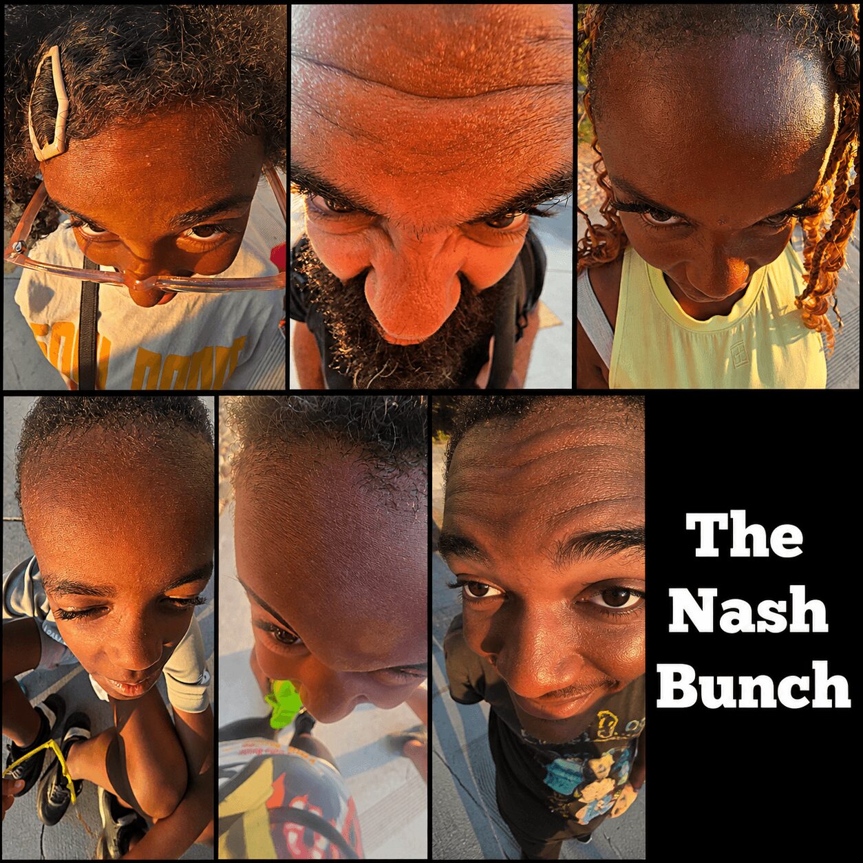 Six children and one adult with close-up faces, looking down or up, with a black box reading 'The Nash Bunch'.