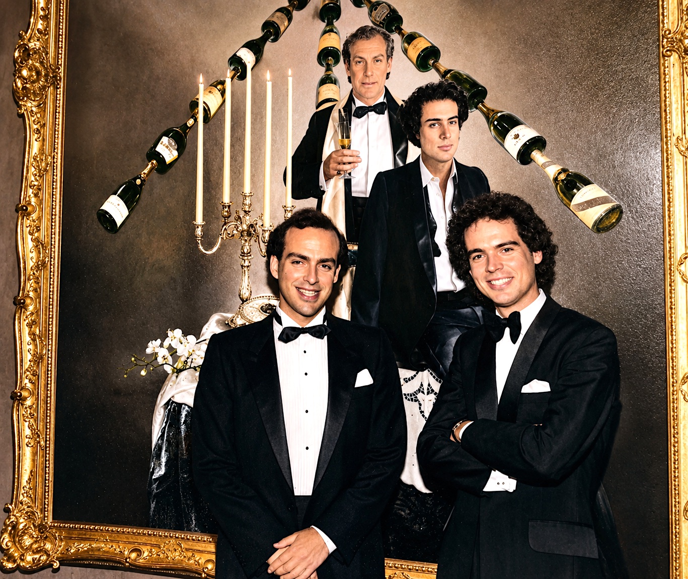 Four men in tuxedos pose in front of a large framed painting with a chandelier and decorative elements.