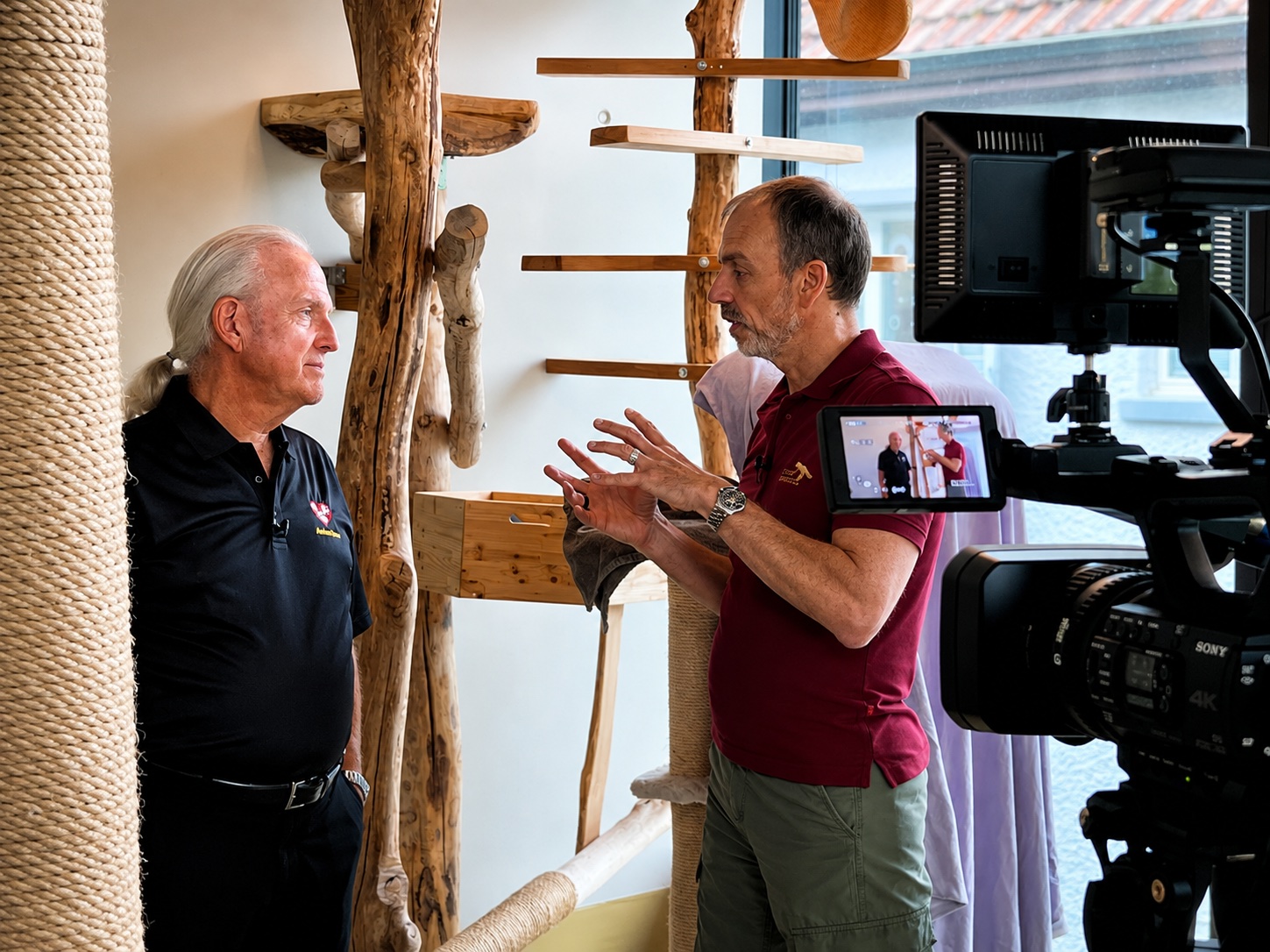 Two men are talking indoors, one older with white hair and the other younger, near a camera setup.