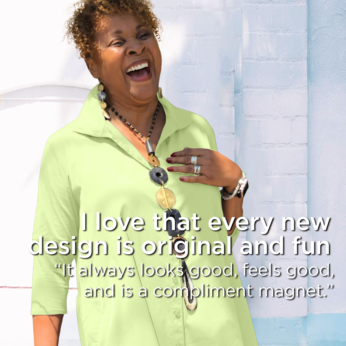 Smiling woman wearing a lime green shirt, holding her chest, with a quote about design and compliments.