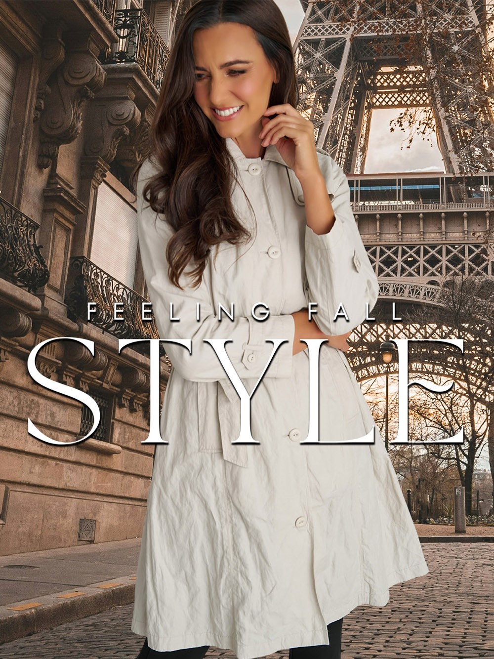 Smiling woman in white dress standing near Eiffel Tower in Paris, France.