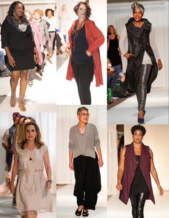 Six women walking on a runway, wearing various fashionable outfits, in a fashion show setting.