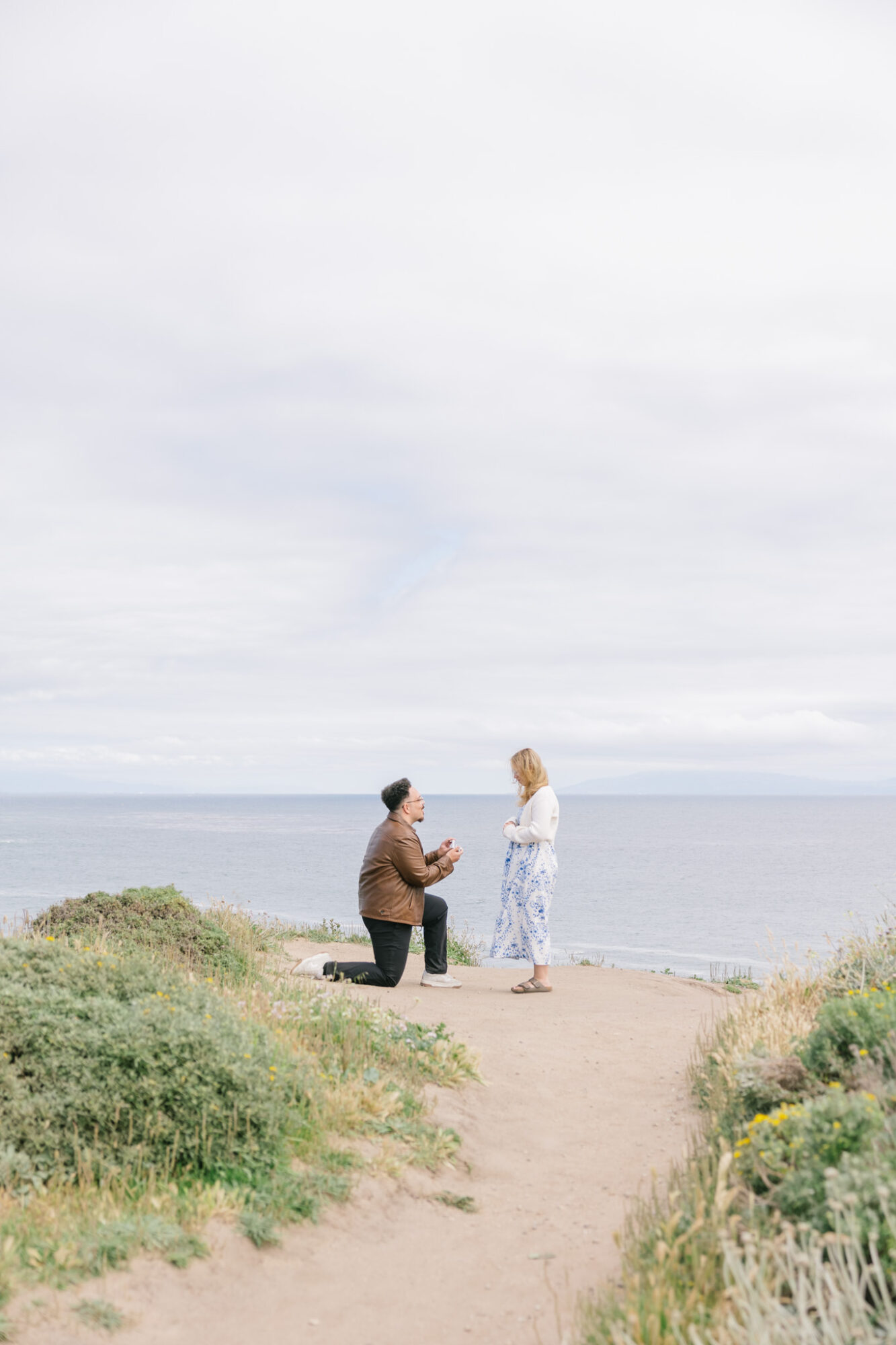 Person kneeling on a path proposing to a standing person near the ocean, cloudy sky above, grassy area around.