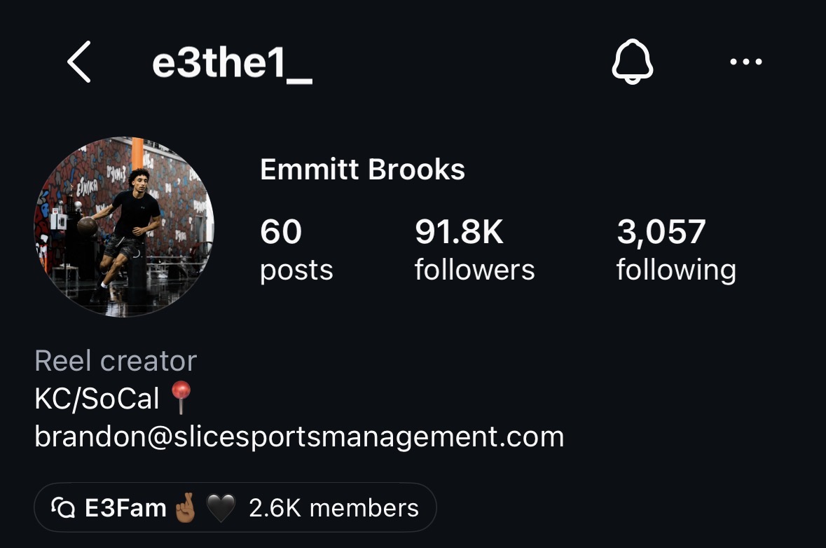 Instagram profile of Emmitt Brooks with profile picture, follower count, and contact info.