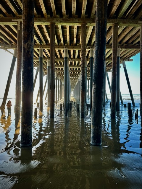 Under a pier with wooden beams and support columns, water reflects the structure, with people visible in the background.