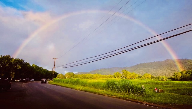Rainbow arching over green fields and distant hills with a partly cloudy sky, power lines crossing the scene, and a road in foreground.