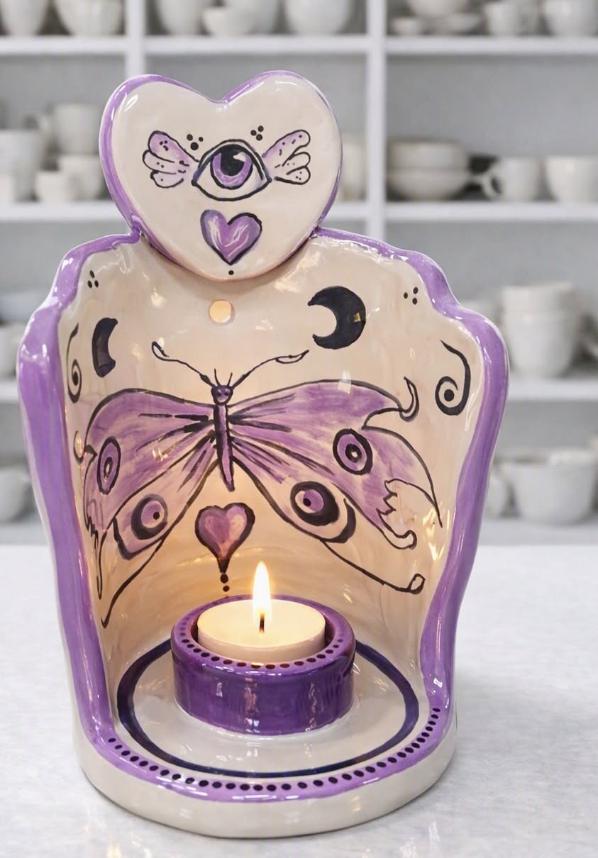 Decorative ceramic candle holder with a butterfly, eye, moon, and heart designs, featuring purple accents and a lit candle inside.