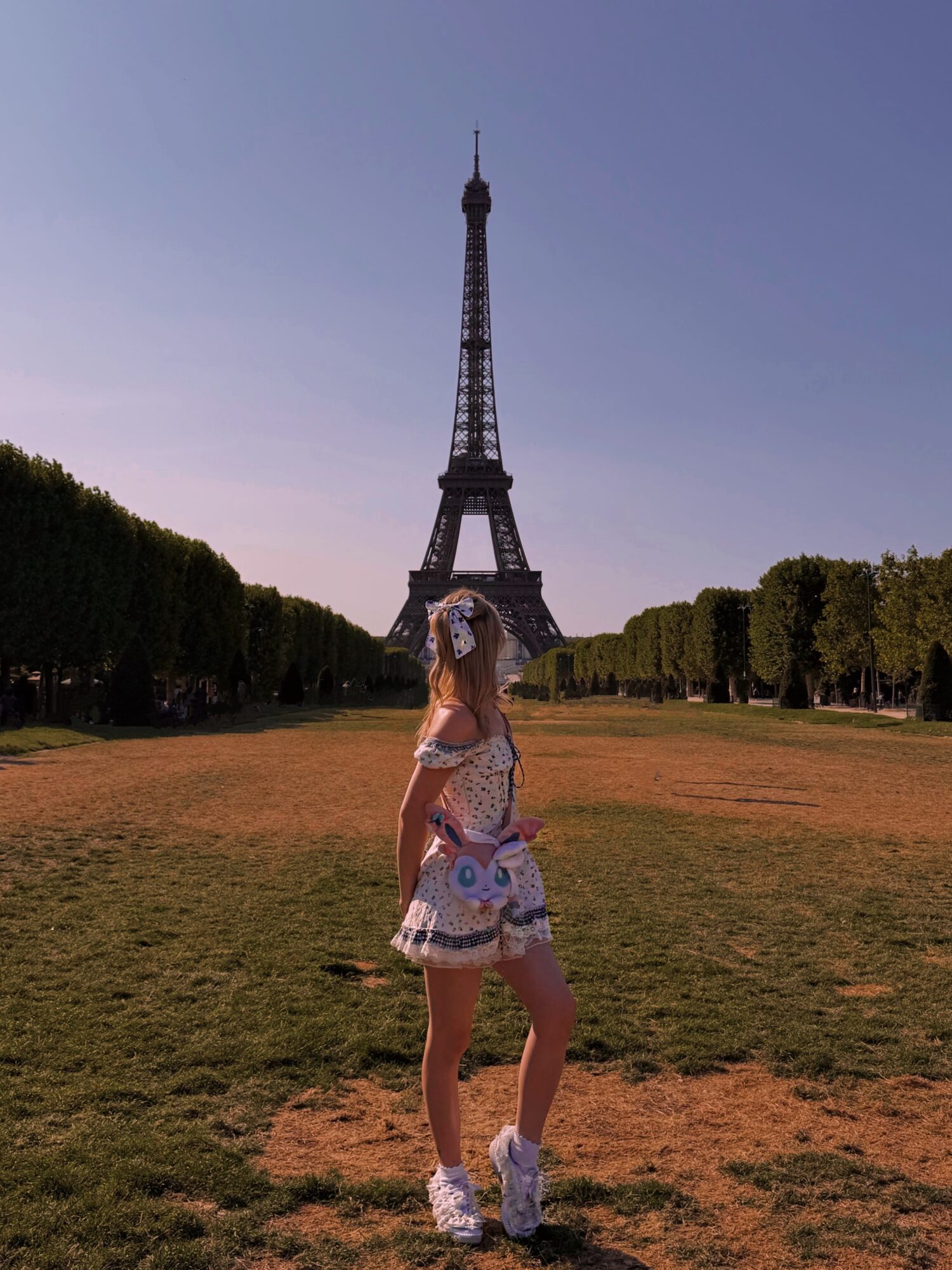Person standing on grass with the Eiffel Tower in the background during daytime.