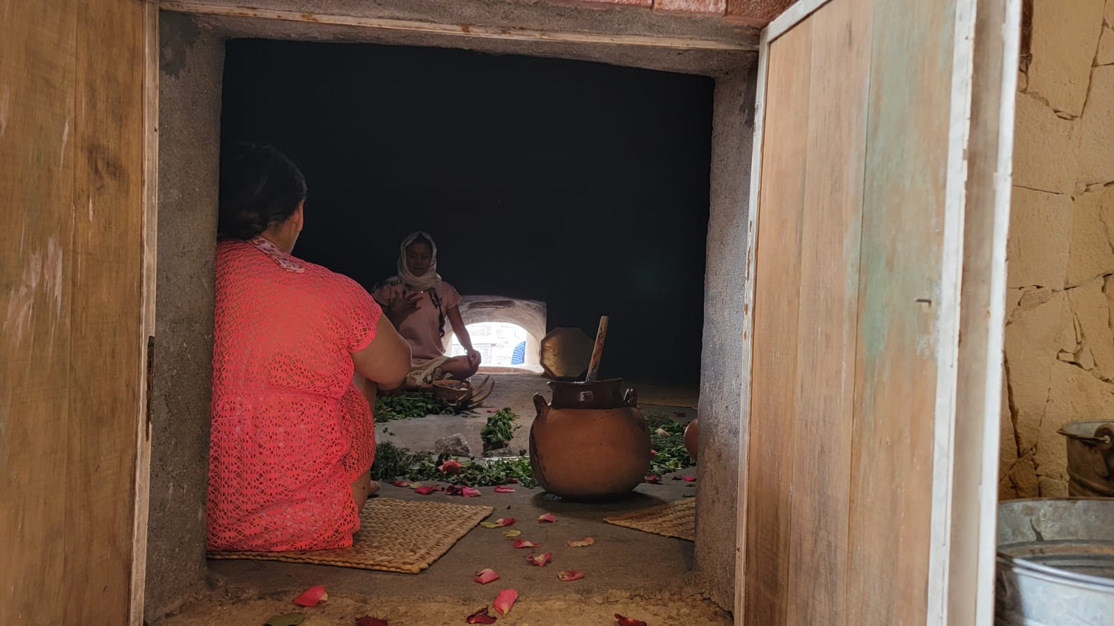 Person in red shirt sitting inside a small wooden structure, looking at a person outside through an opening, with pots and plants nearby.