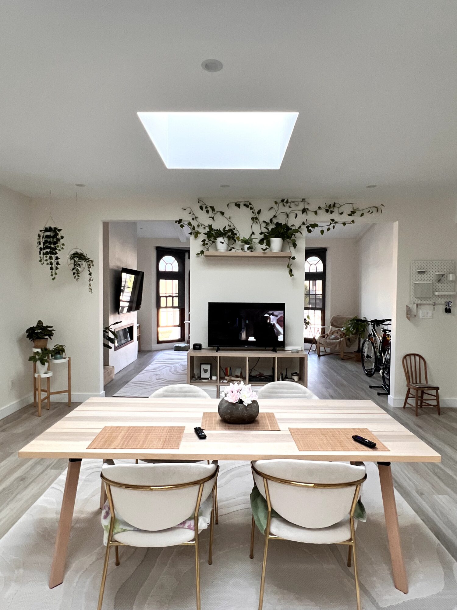 Dining area with a table, four chairs, and a living room with a TV and plants in the background.