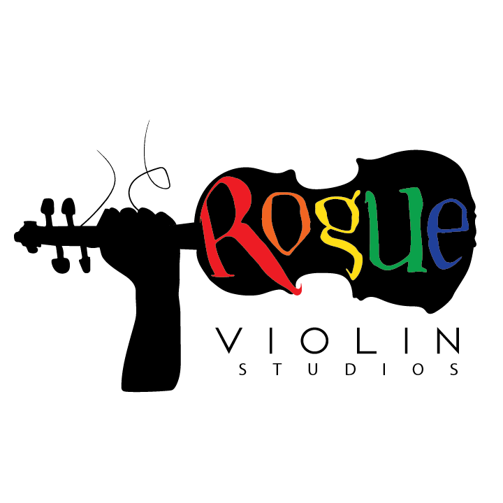 Guitar neck with the word 'Rogue' in colorful letters, and 'Violin Studios' below, on a white background.