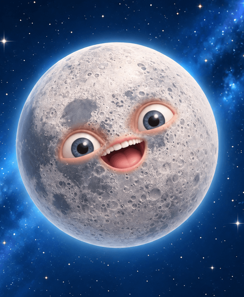Moon with cartoon eyes and a smiling mouth, set against a starry space background.