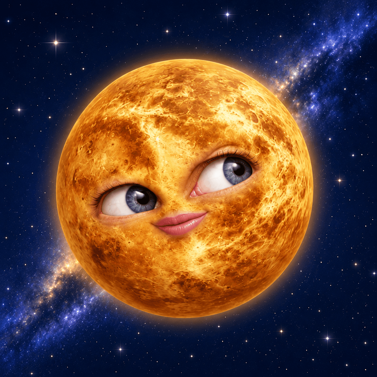 A celestial body with human eyes and lips, set against a starry space background.