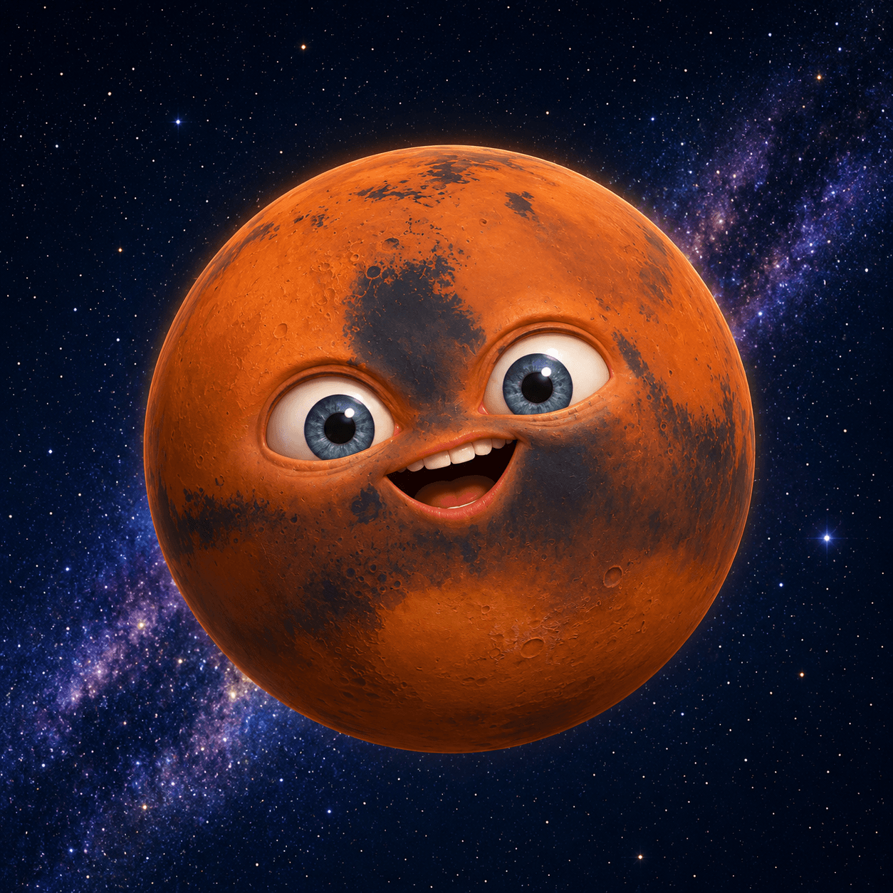 A cartoonish planet with a face, big eyes, and a wide smile, floating in space with stars and a galaxy background.