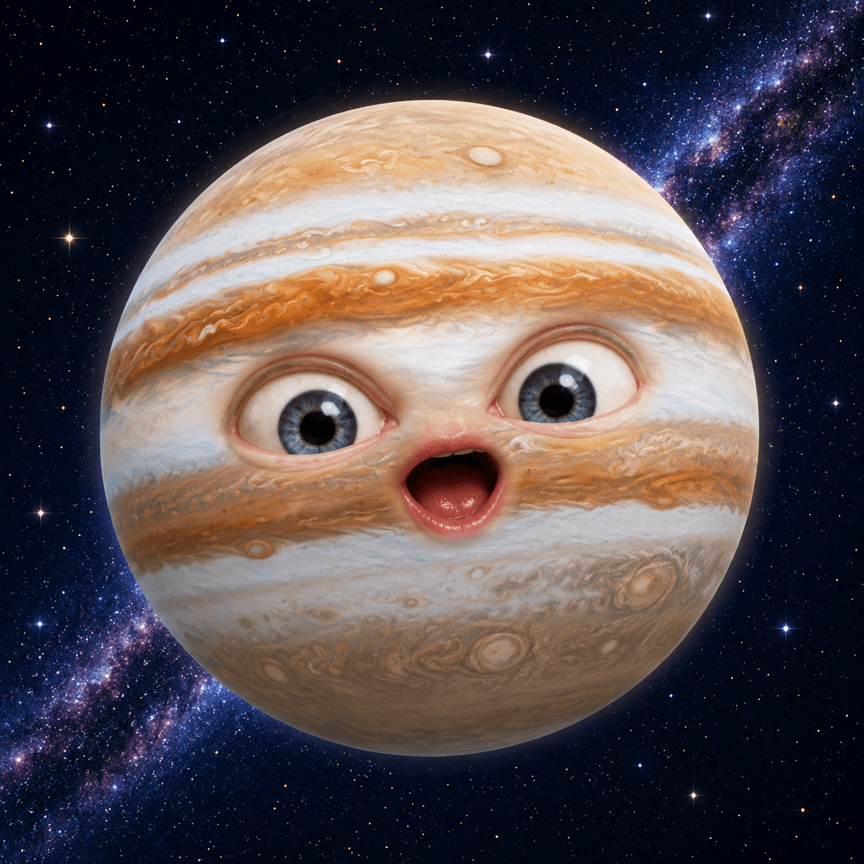 Planet with human eyes and mouth, set against a starry space background.