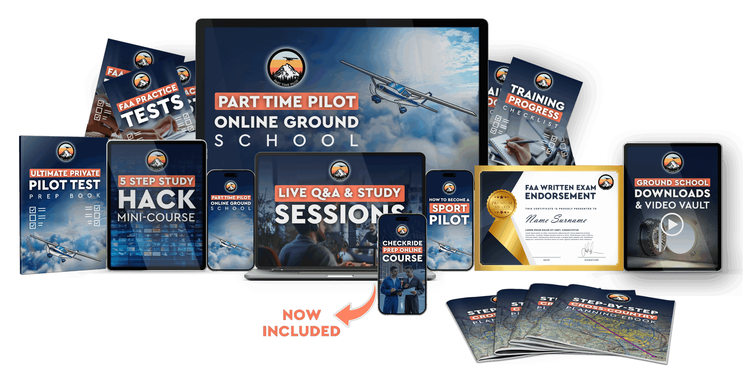 Collection of pilot training materials, including books, videos, and a tablet, related to ground school and flight training.
