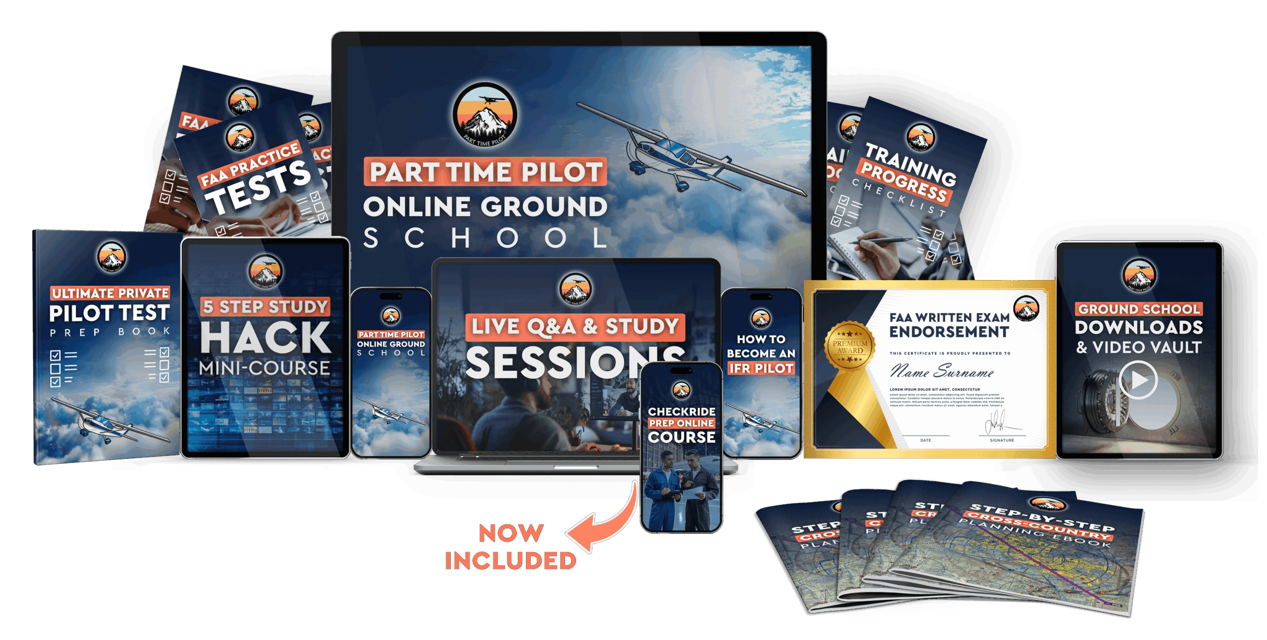Collection of pilot training materials, including books, DVDs, and a tablet, displayed on a black background.