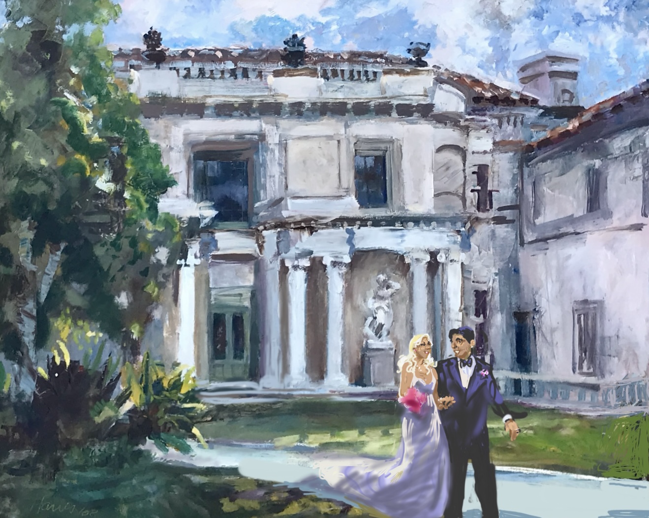A painting of a couple in formal attire standing in front of a grand, historic building with columns and a statue.