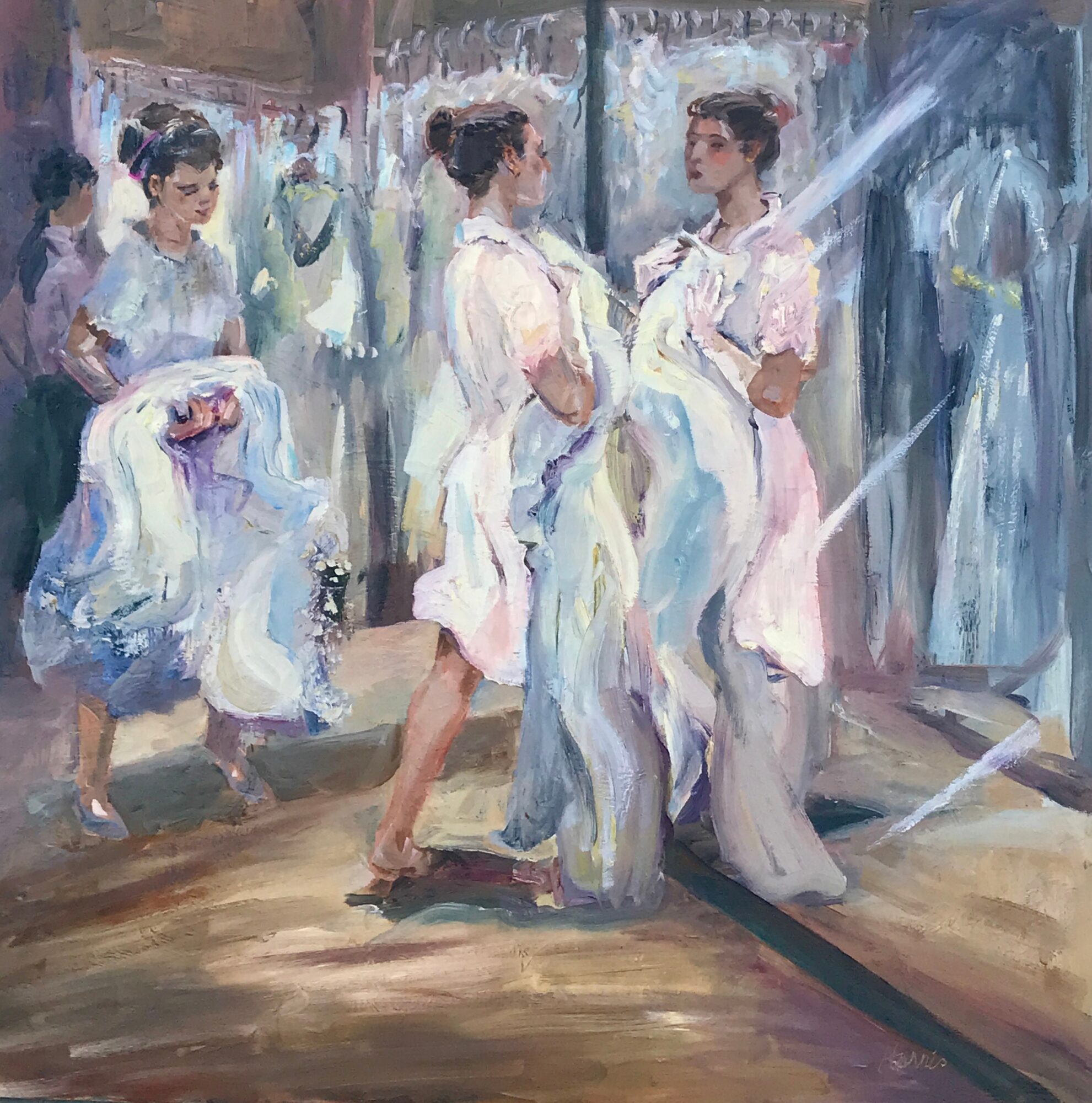 Three women in white dresses converse near a window, with two women in the background, in a lively scene. Word count: 20.