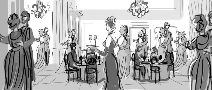 People dancing and socializing in a decorated indoor setting with tables and chandeliers.