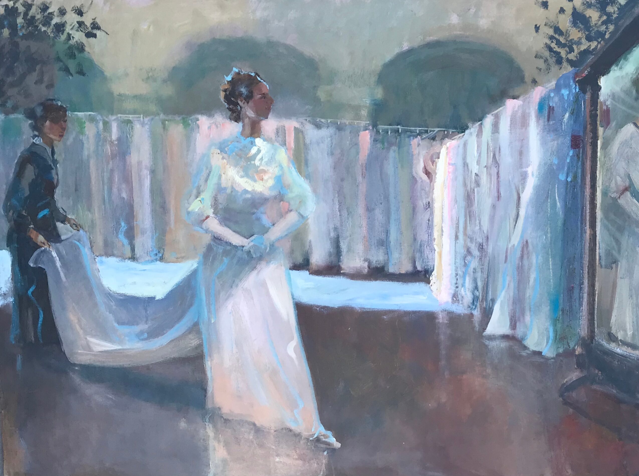 Woman in white dress standing near laundry lines with hanging clothes, outdoors, impressionist style.