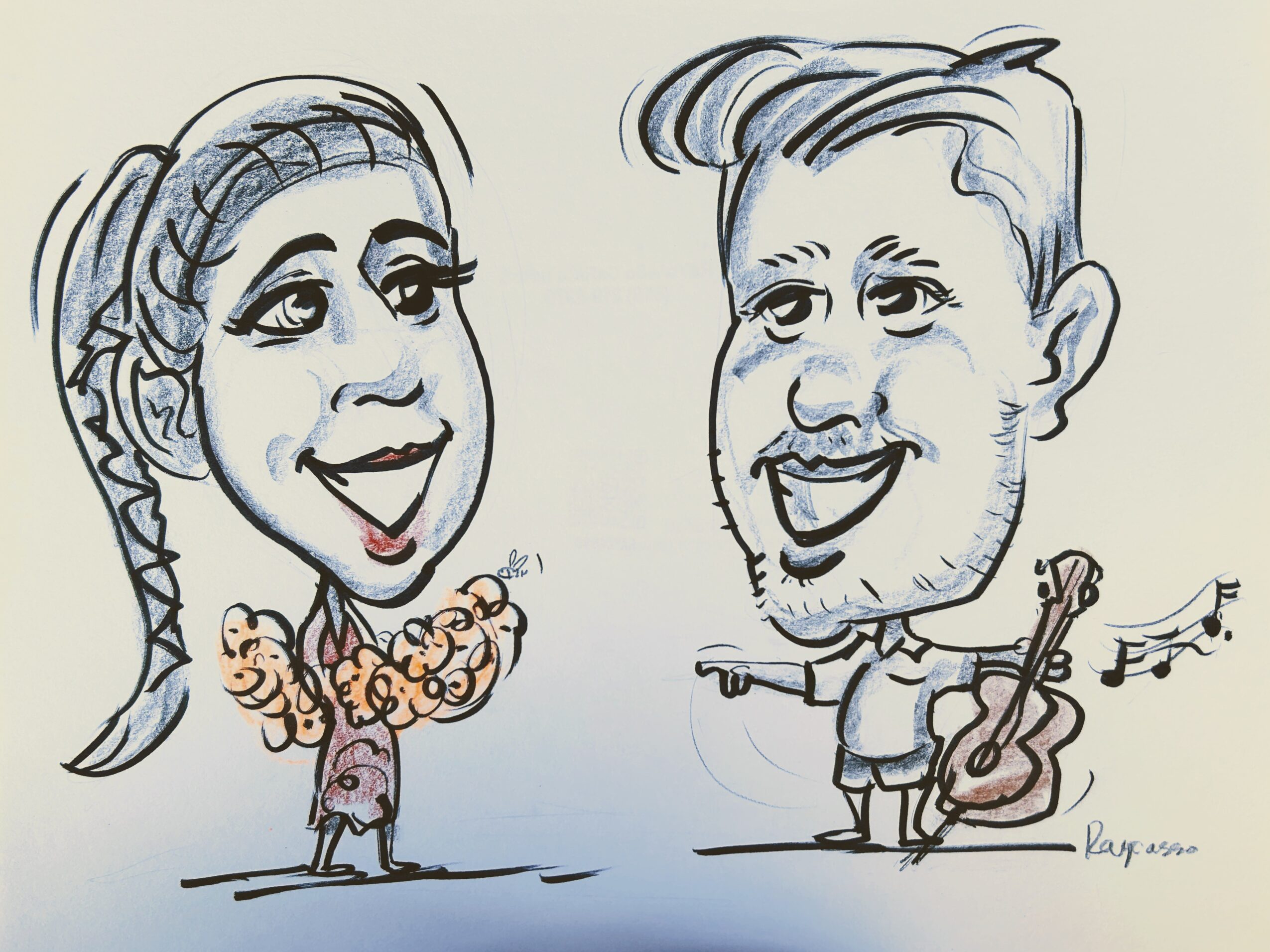 Caricature of a woman with braided hair and a man playing guitar, both smiling, drawn in black ink with some color accents.