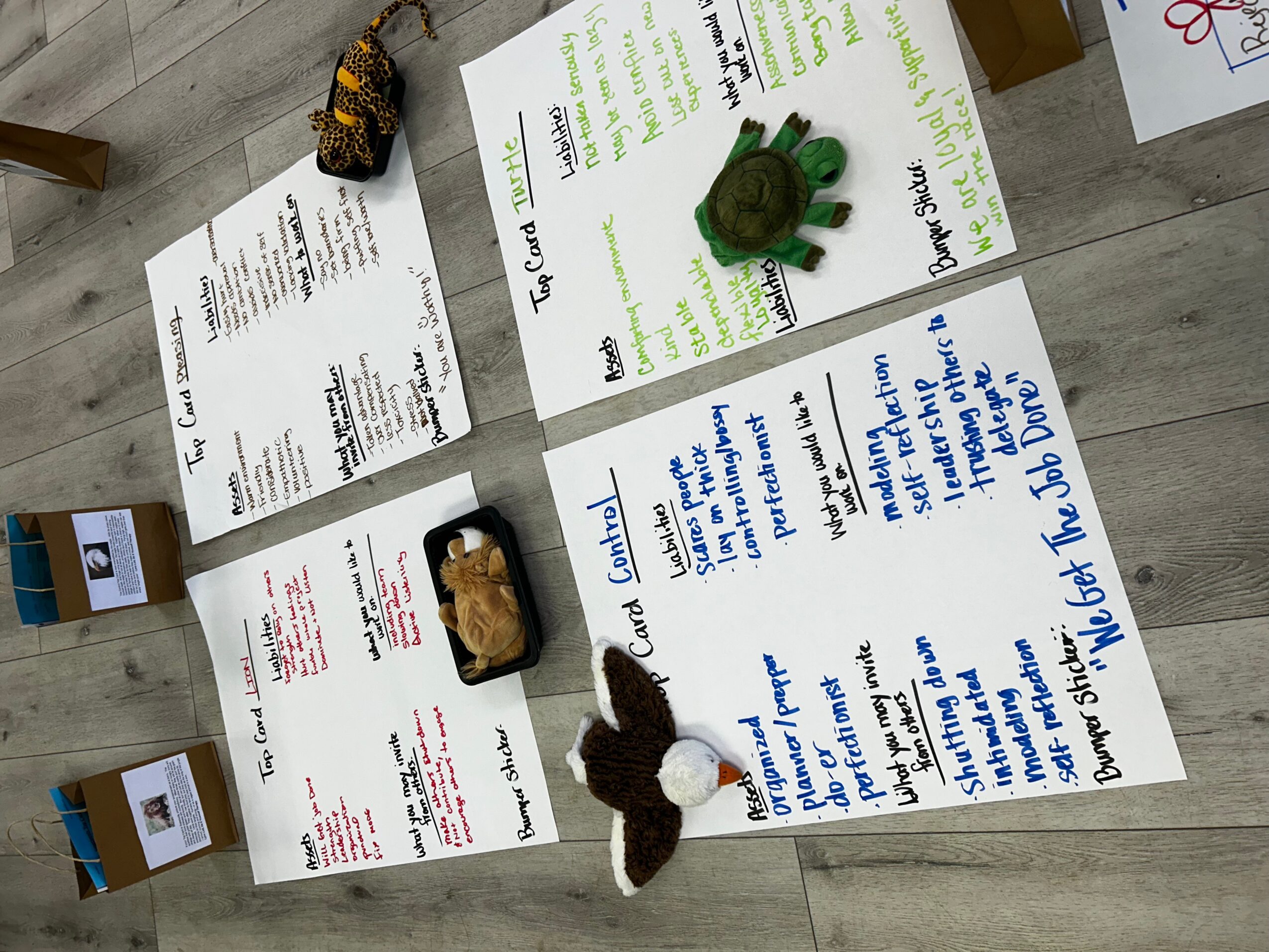 Four large sheets of paper with handwritten notes and diagrams, two small boxes, and a stuffed animal on a wooden floor.