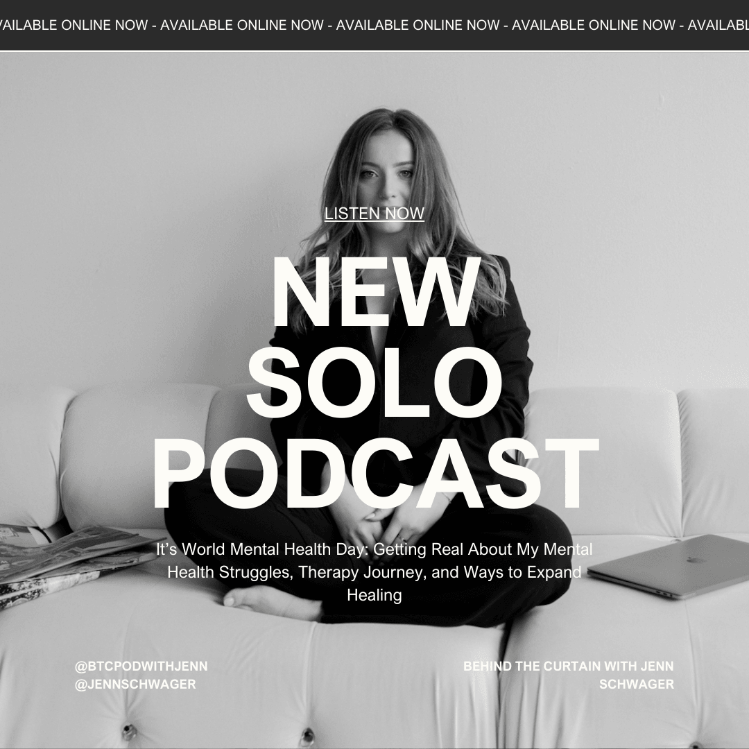 Black and white image of a woman sitting on a couch with text about a new solo podcast and mental health. Word count: 27