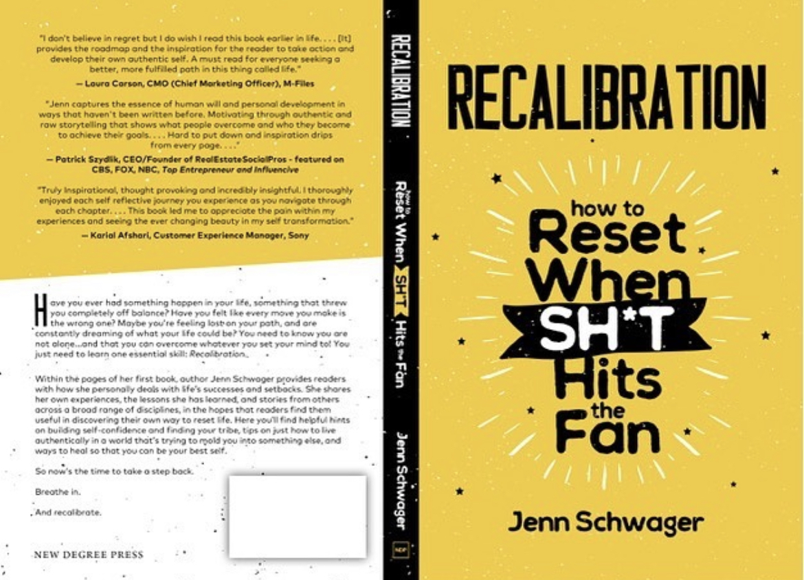 Book cover with yellow background, black text, and a fan illustration, titled 'Recalibration: how to Reset When SH*T Hits the Fan' by Jenn Schwager.
