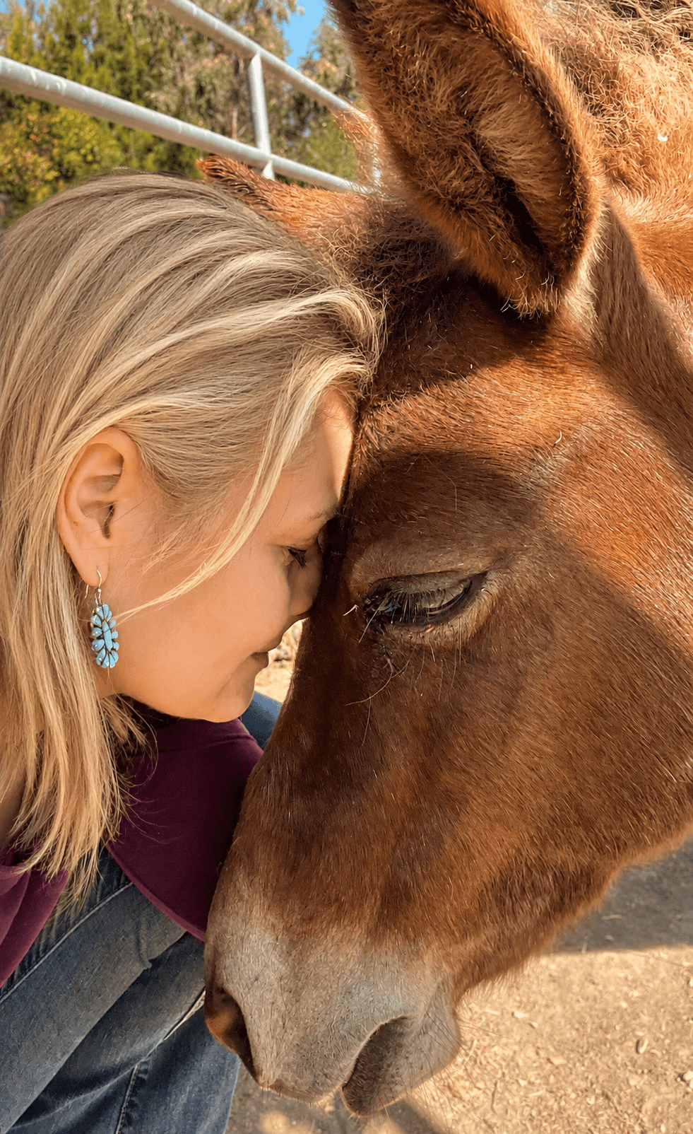 Woman with blonde hair and turquoise earrings touching foreheads with a brown horse outdoors.