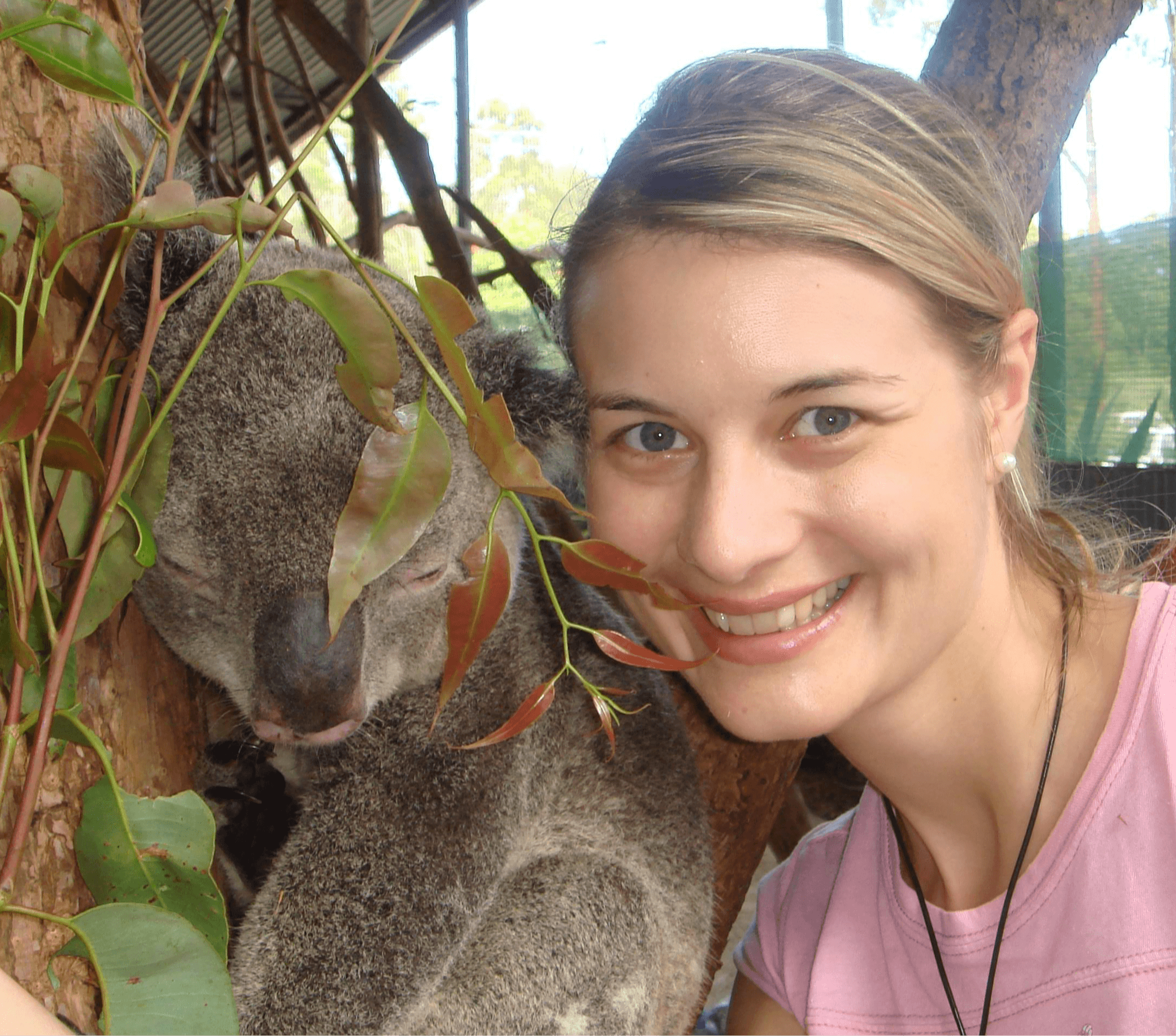 Young woman smiling next to a koala in a tree, surrounded by leaves and branches.