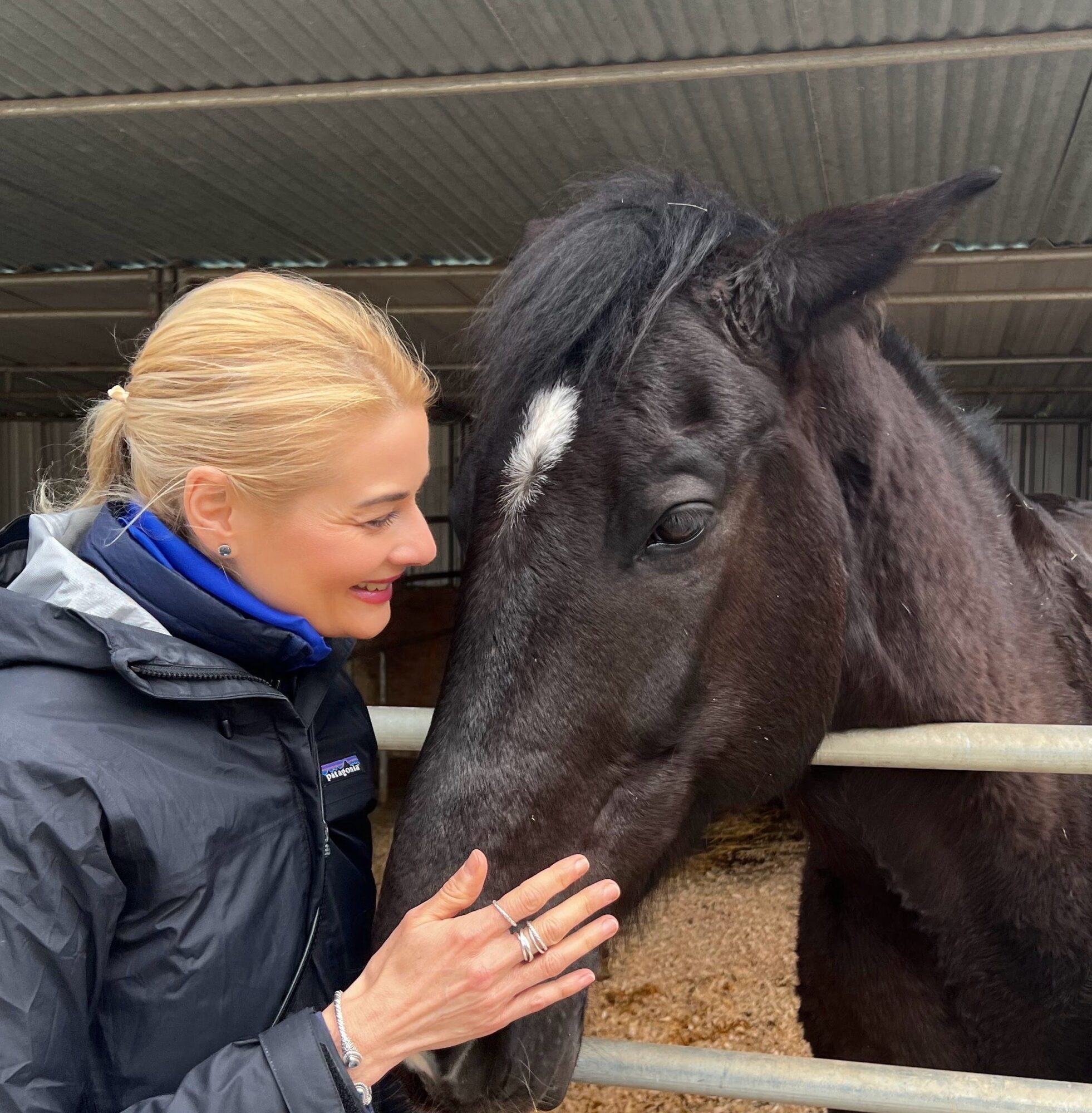 Woman smiling and touching a black horse's face inside a stable.