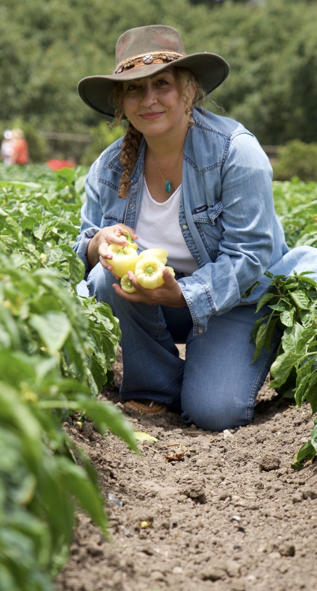 Woman in a hat and denim jacket kneels in a garden holding yellow peppers, surrounded by green plants and soil.