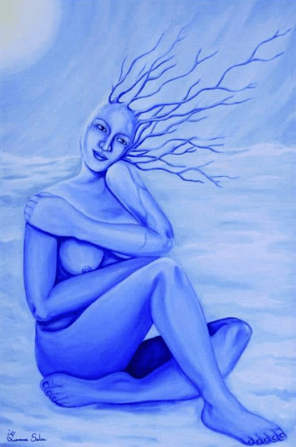 Blue-skinned woman with flowing hair sitting cross-legged on a cloudy background, arms crossed over her chest, smiling gently.
