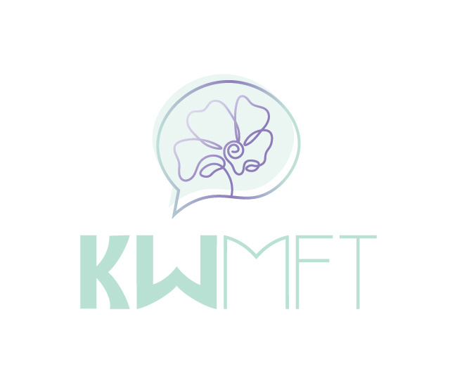 Logo with a flower inside a speech bubble above the text 'KW MFT'.