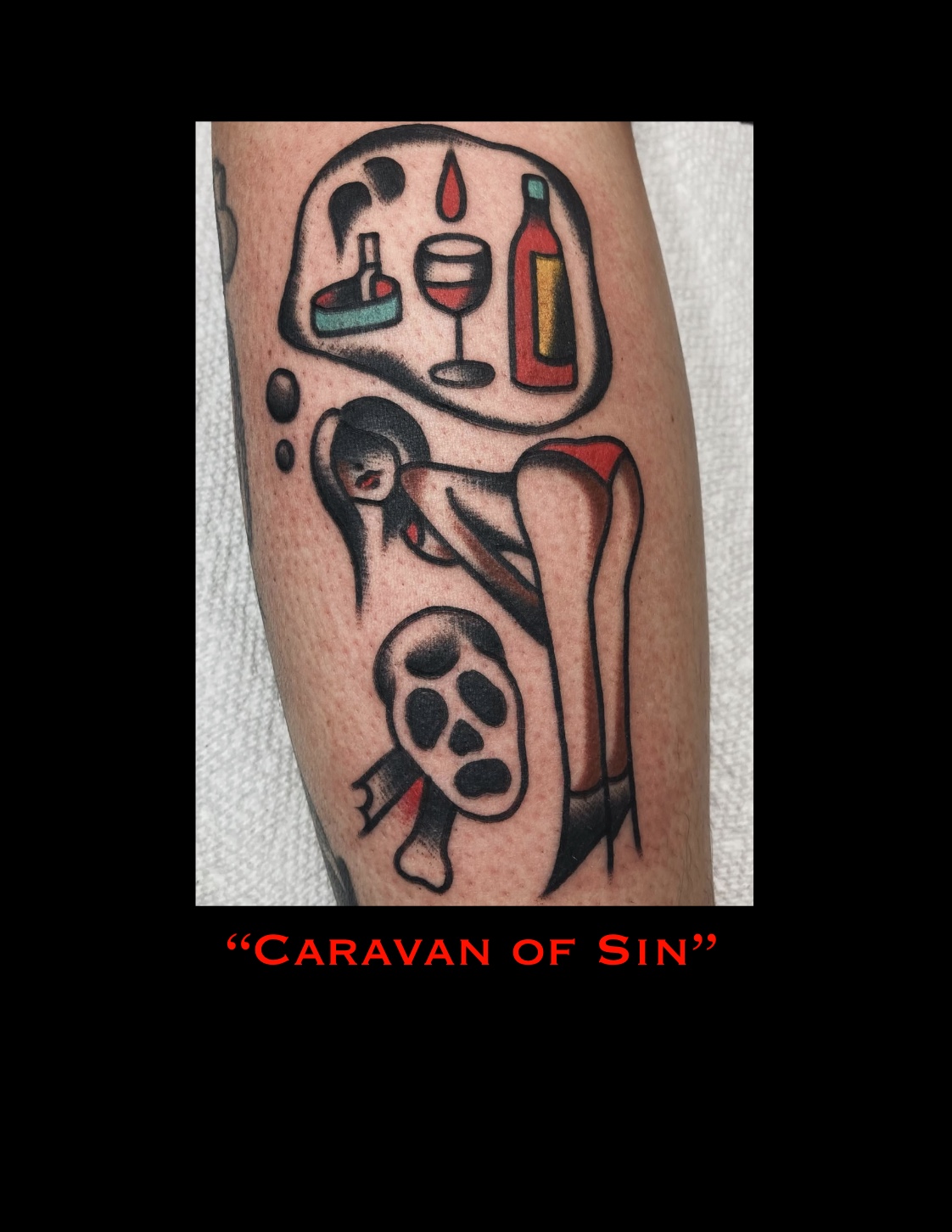 Tattoo of a skull, a woman, and a speech bubble with a bottle, glass, and lipstick, titled 'Caravan of Sin'.