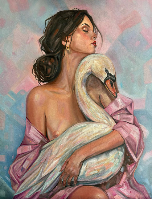 A woman with dark hair holding a swan, wearing a pink garment, against a pastel background.