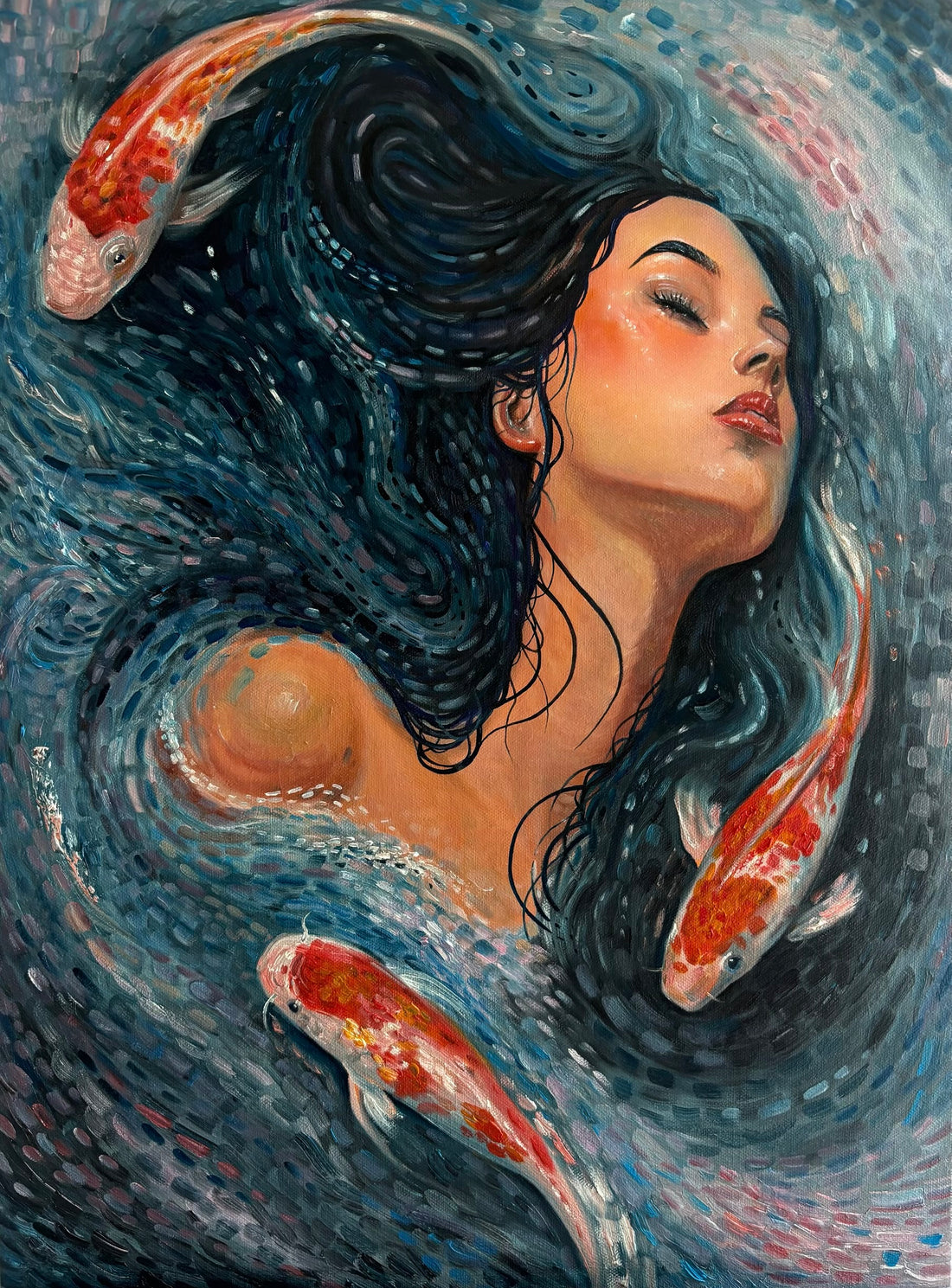 A woman with long dark hair surrounded by koi fish in water, her eyes closed and head tilted back.