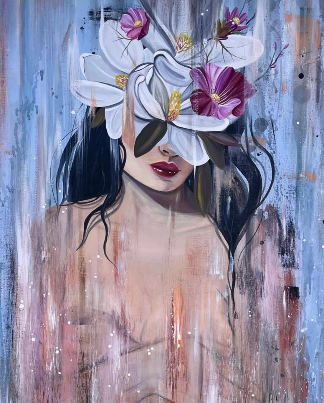 A woman with dark hair and red lipstick has a large white flower with purple and pink lilies covering her eyes, against a textured blue and beige background.