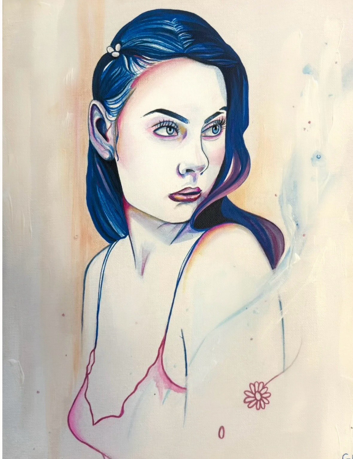 Portrait of a woman with blue hair, looking to the side, with a flower tattoo on her shoulder, watercolor style.