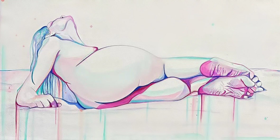A reclining nude figure on a surface, viewed from the side, with soft pastel colors and minimal background details.